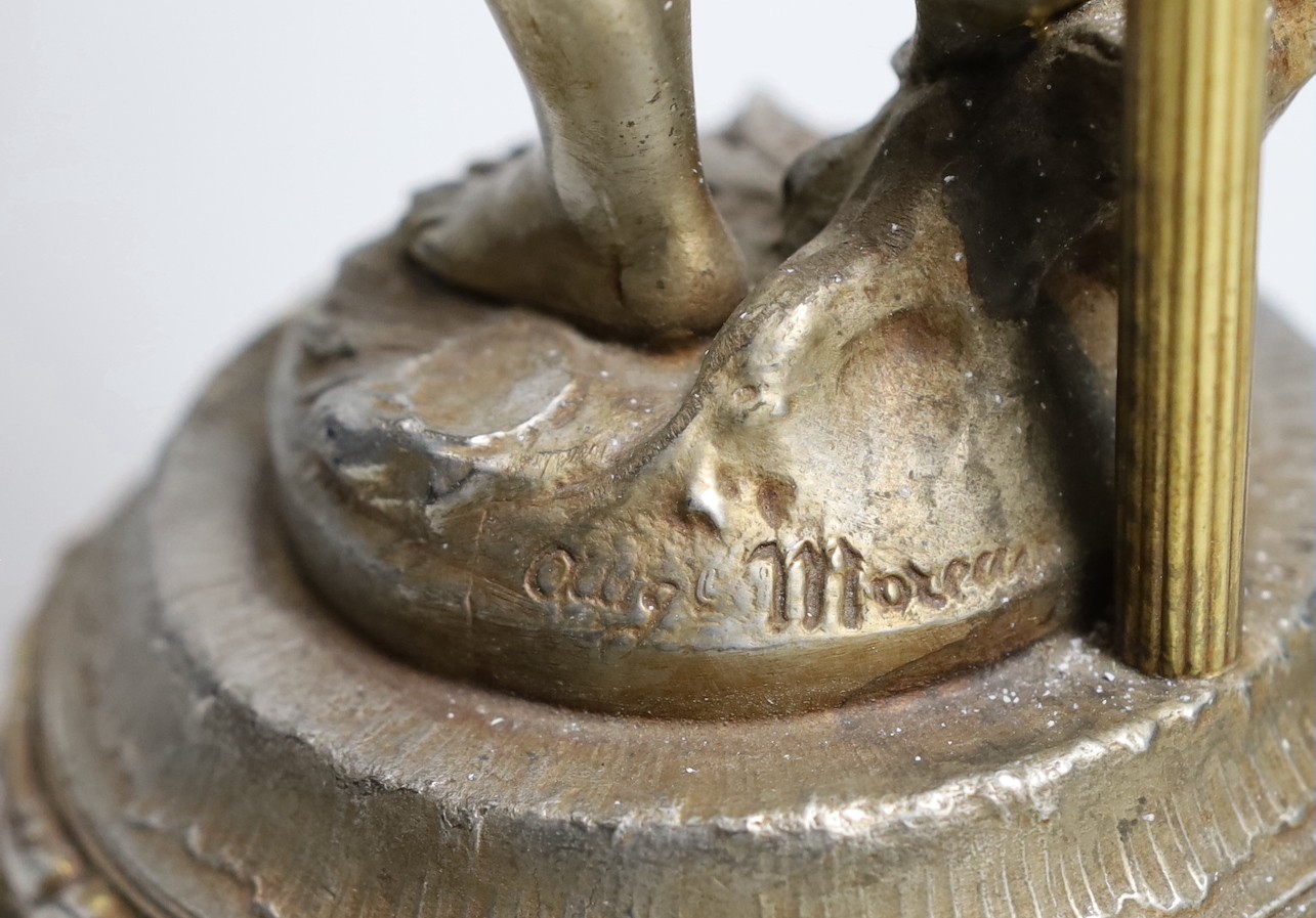An Auguste Moreau silvered and gilded spelter figural putti musician table lamp, signed. 45cm tall